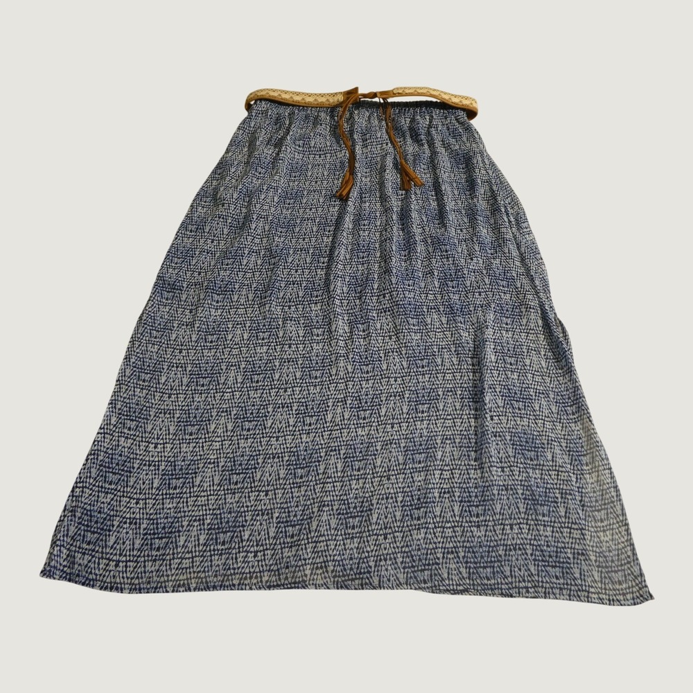 Faded Glory Maxi Skirt Women 2X 18W-20W Blue‎ Geometric Sheer Layer Belted